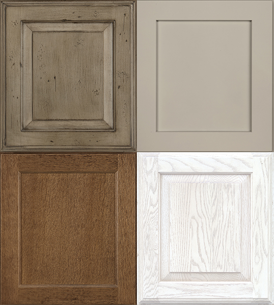 An assortment of brown, gray, and white kitchen cabinet door fronts.